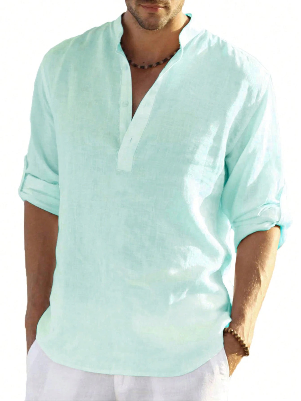 Camisa Henley Masculina Vintage Estilo Dinheiro Antigo, Cor Sólida, Manga Enrolada, Gola Padre, Meio Botão, Leve, Levemente Transparente, Versátil para Todas as Estações, Estilo Casual