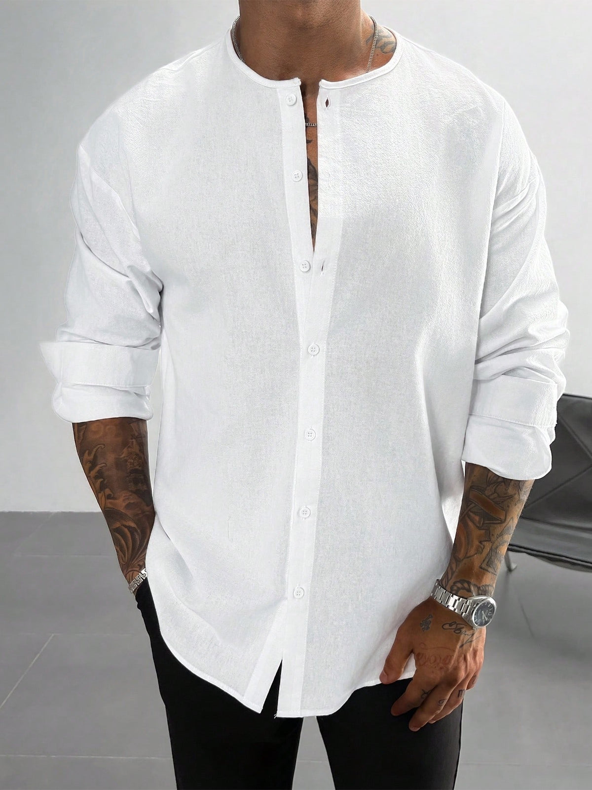 Camisa de Linho Estilo Dinheiro Antigo para Homens, 100% Algodão Ombro Caído Cor Sólida Gola Redonda Manga Longa, Adequada para Presentes do Dia dos Pais, Transporte e Uso Diário, Férias na Praia Fit Solto, Presente de Natal para Ele, Outono