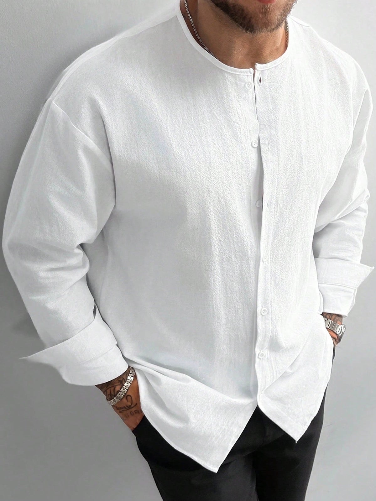 Camisa de Linho Estilo Dinheiro Antigo para Homens, 100% Algodão Ombro Caído Cor Sólida Gola Redonda Manga Longa, Adequada para Presentes do Dia dos Pais, Transporte e Uso Diário, Férias na Praia Fit Solto, Presente de Natal para Ele, Outono