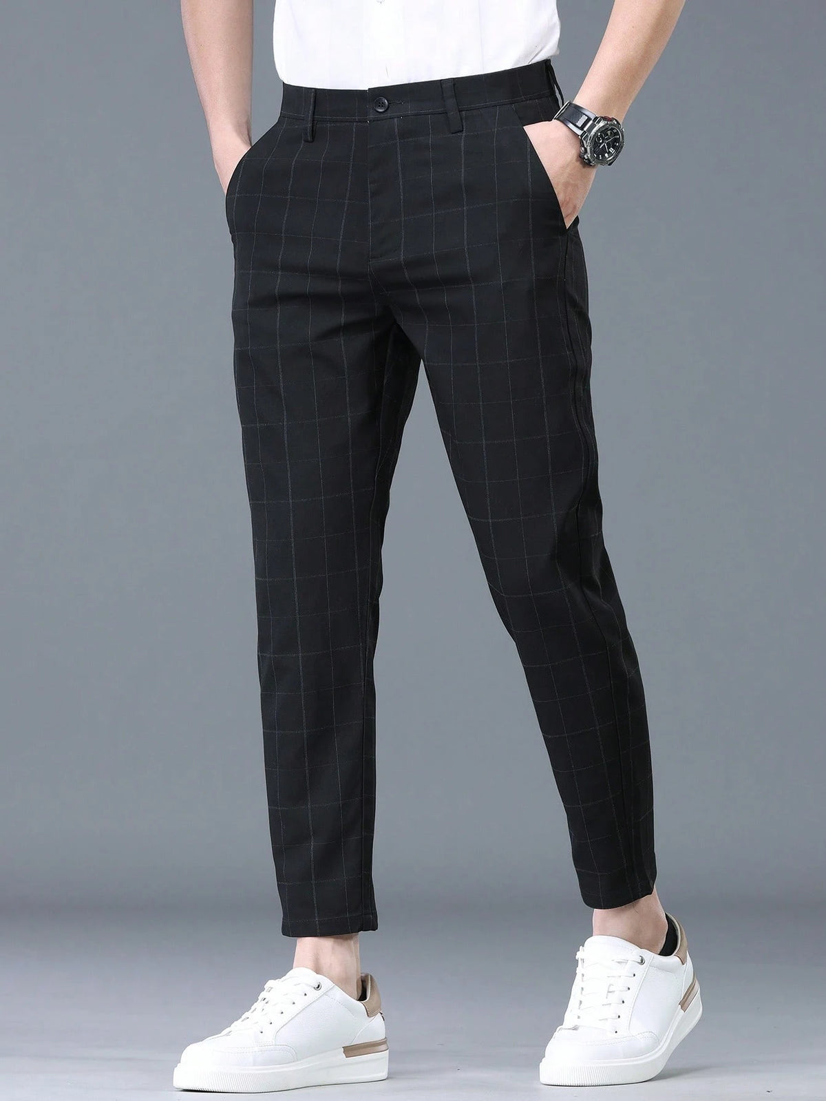 Calça Casual Masculina Xadrez com Detalhe de Botão, Sem Cinto, Adequada para Passeios, Férias, Festas, Calça de Terno Slim Fit