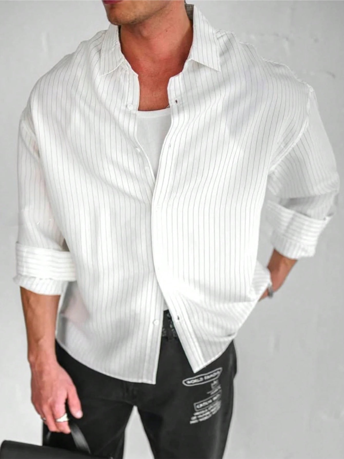 Camisa casual masculina de manga longa, de ajuste folgado, com estampa jacquard listrada, versátil, para o outono