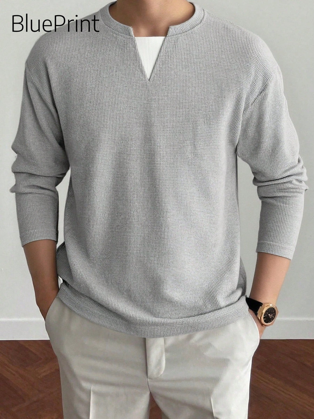 1 Peça Camiseta Masculina Tipo Henley em Malha Waffle, Gola Henley, Tecido Malha, Estilo Minimalista Casual, Design com Botões, Adequado para Uso Diário e Ocasiões Comerciais Leves, Estilo Old Money, Outono